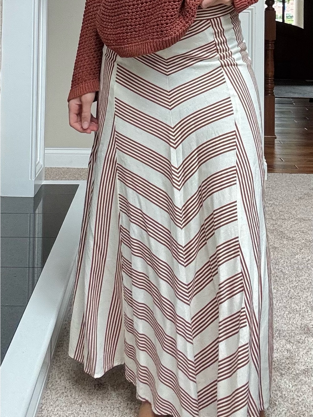 LOFT Striped Cream and Brick Red Maxi Skirt